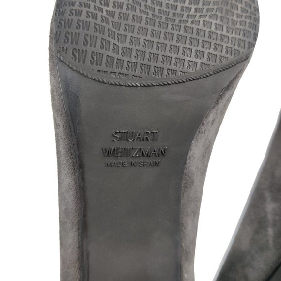 Stuart Weitzman Slate Gray Suede Leather Pump Block Heels - Picture 12 of 14